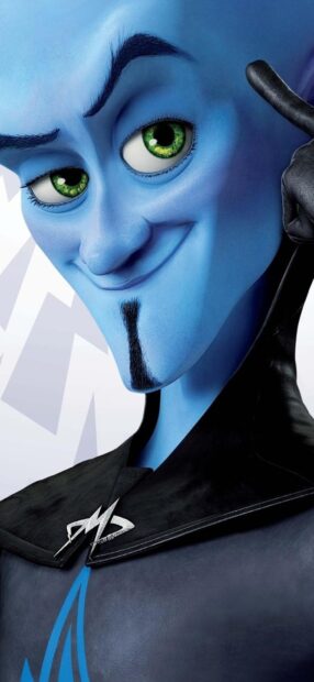 Megamind character with green eyes and blue skin smiling confidently