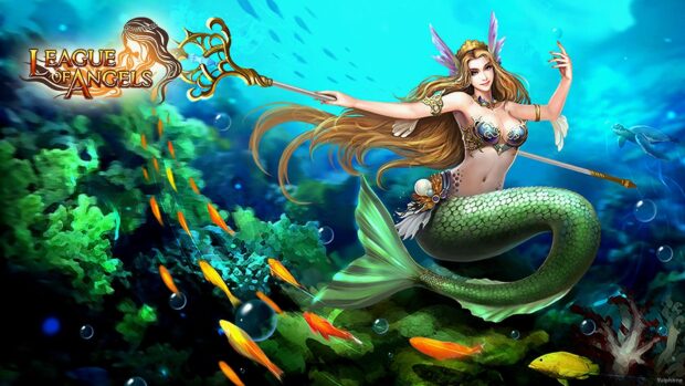 A mermaid warrior from League Of Angels swims underwater surrounded by colorful fish, HD Desktop Wallpaper