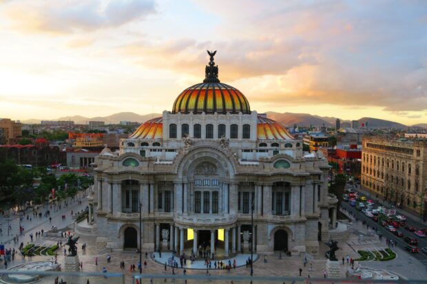 The Palacio de Bellas Artes in Mexico City is shown at sunset, HD Desktop Wallpaper