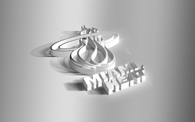A 3D white Miami Heat logo with stylized flames and bold text on a gray background