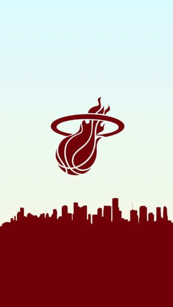 A Miami Heat flaming basketball logo above the city skyline in red silhouette on a light blue background