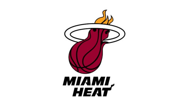 Miami Heat logo designed as a flaming basketball going through a hoop on a white background