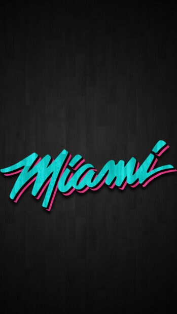 Vibrant Miami text design in retro style on a dark wood floor background