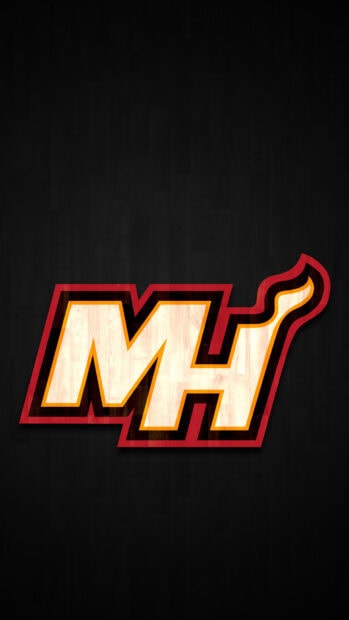 Miami Heat logo with flaming design on dark wooden floor background