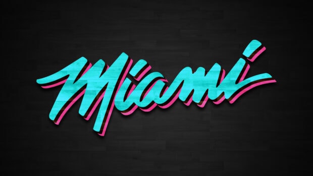 Miami text art with blue and pink color highlights on a dark background featuring Miami Heat