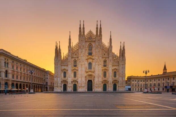 Milan cathedral at sunrise in Milan city center with clear sky