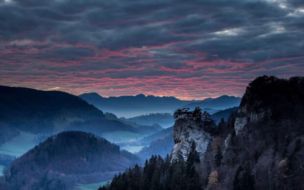 The scenery wallpapers show misty mountains with pine trees under a dramatic sunset sky, HD Desktop Wallpaper