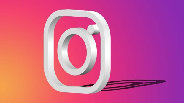 The image shows a modern 3D Instagram logo casting a shadow on a colorful gradient background, HD Desktop Wallpaper
