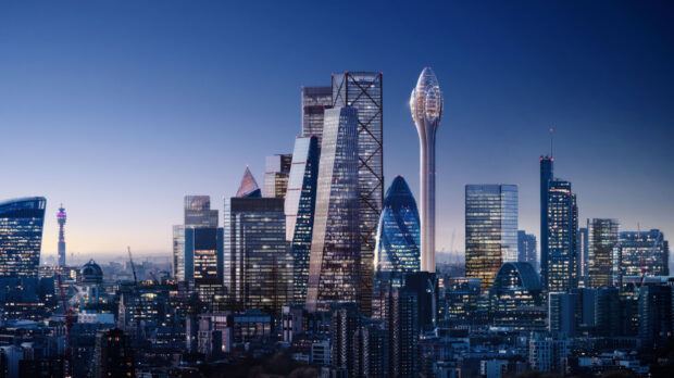 The London skyline displays illuminated skyscrapers and iconic buildings at dusk, 2K Desktop Wallpaper