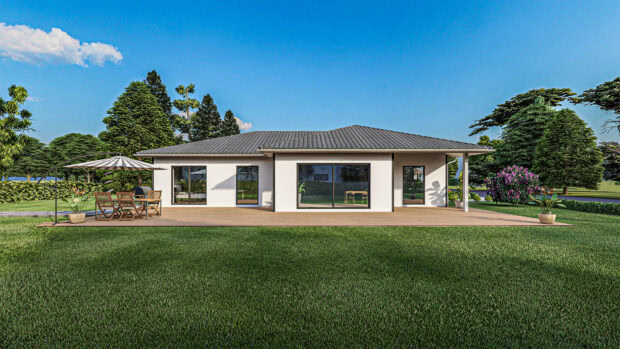 A serene bungalow surrounded by green lawn and trees, HD Desktop Wallpaper
