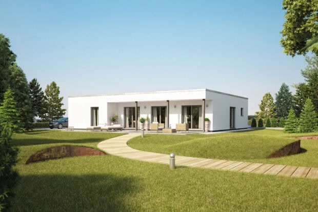 A modern bungalow surrounded by green grass and trees under a clear blue sky, HD Desktop Wallpaper