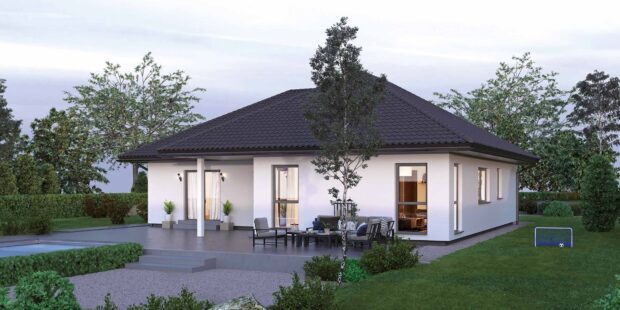 A modern bungalow with outdoor seating in a green garden under a cloudy sky, HD Desktop Wallpaper