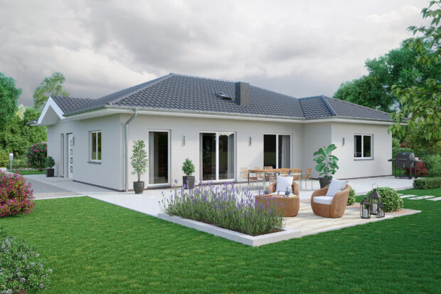A modern bungalow with patio furniture and lush garden under cloudy sky, 2K Desktop Wallpaper