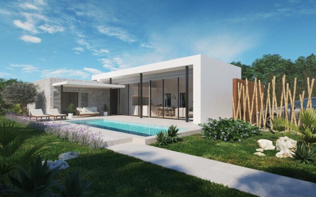 A modern bungalow with an outdoor pool and garden is shown under a bright blue sky, HD Desktop Wallpaper