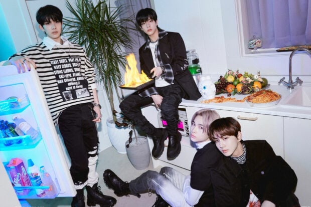 Modern group portrait of Enhypen Wallpapers in a stylish kitchen setting with vibrant lighting, HD Desktop Wallpaper