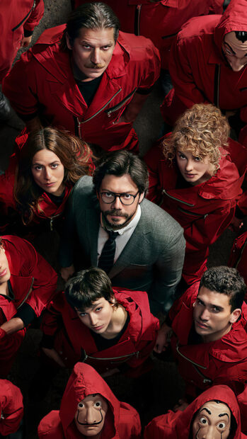 The Money Heist cast stands together wearing red outfits and masks for a heist, 4K Phone Wallpaper