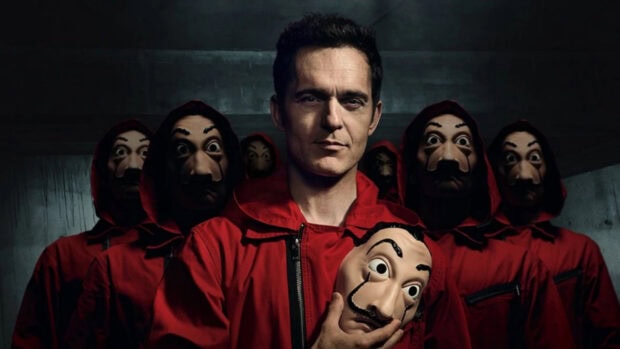 The Money Heist characters wear red suits and masks in a dark setting, HD Desktop Wallpaper