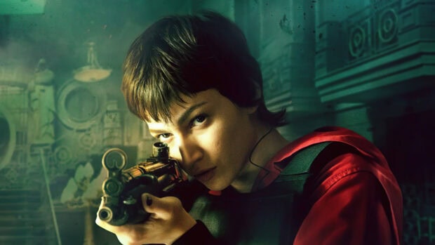 A focused sniper character from Money Heist aims through a rifle scope in a tense moment, 4K Desktop Wallpaper