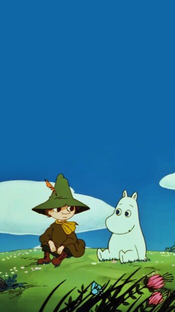 Moomin Wallpapers featuring Moomin and Snufkin sitting together on a grassy hill under a clear blue sky, HD Mobile Wallpaper