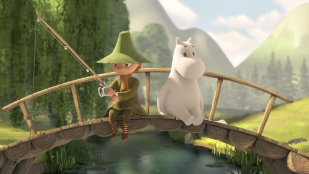 Moomin and Snufkin sit on a wooden bridge fishing in a peaceful valley, HD Desktop Wallpaper