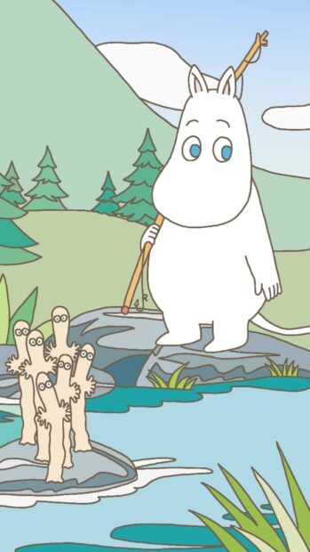 A Moomin stands by the river observing Hattifatteners on the rocks nearby, HD Phone Wallpaper
