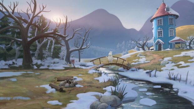 A Moomin stands on a wooden bridge near a stream and a tall blue house in a winter landscape, HD Desktop Wallpaper