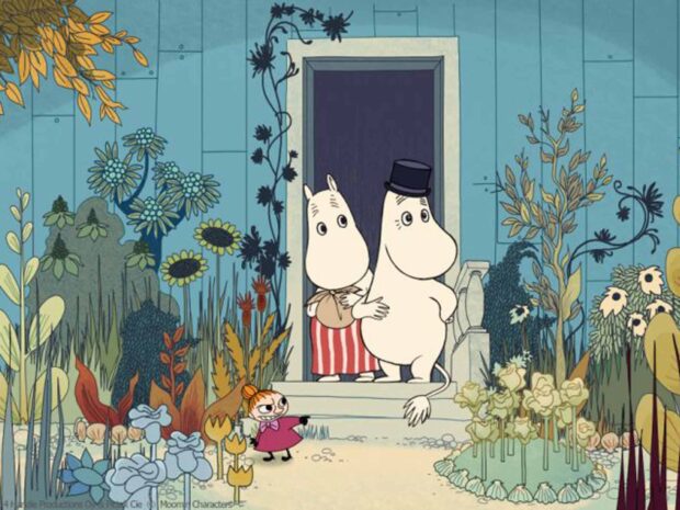 The Moomin characters stand by the house entrance surrounded by colorful flowers and plants, HD Desktop Wallpaper