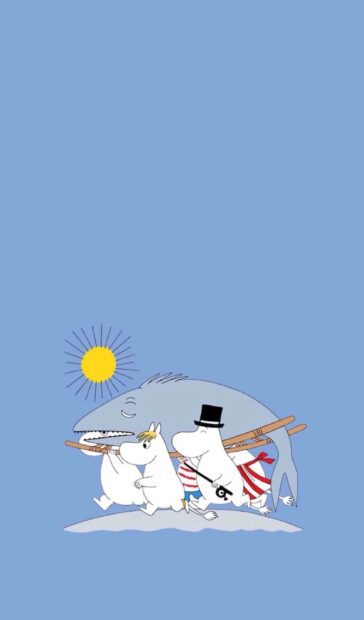 Moomin wallpapers show characters carrying a whale under the sun on a blue background, HD Mobile Wallpaper