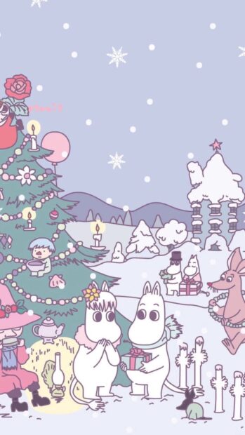 Moomin characters exchange gifts in snowy winter scene, HD Phone Wallpaper