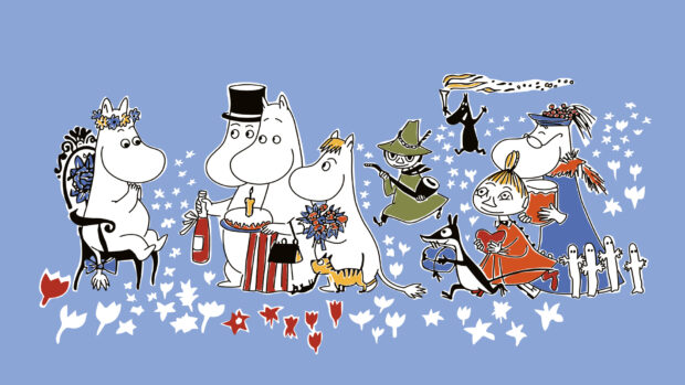 The Moomin characters are gathered on a blue background with flowers and gifts around them, HD Desktop Wallpaper