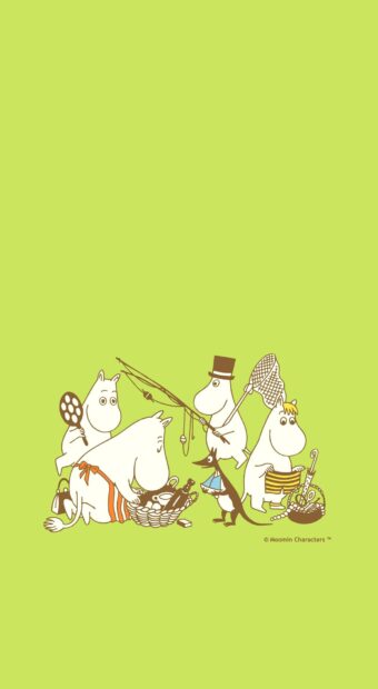 Moomin Wallpapers show a group of characters having a picnic together on a green background, HD Mobile Wallpaper