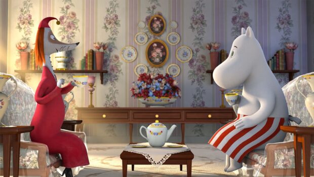 Two Moomin characters are sitting in a vintage room having tea together, HD Desktop Wallpaper