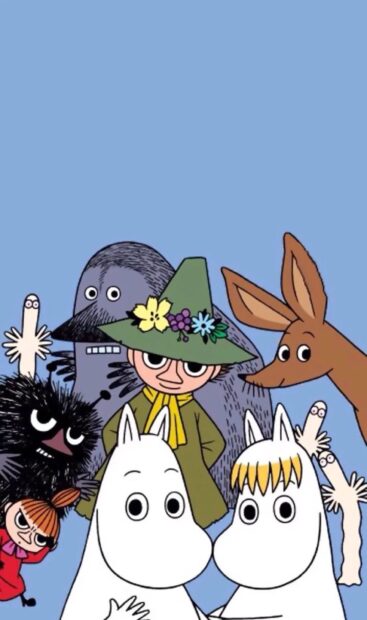 The Moomin characters stand together against a blue background in this Moomin Wallpapers, HD Mobile Wallpaper
