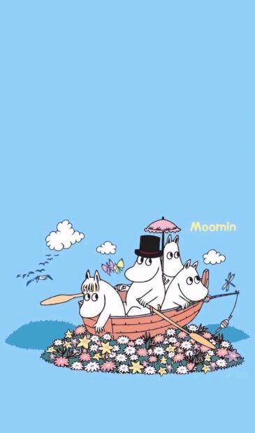 The Moomin characters are sitting in a boat surrounded by colorful flowers on a calm blue background, HD Mobile Wallpaper