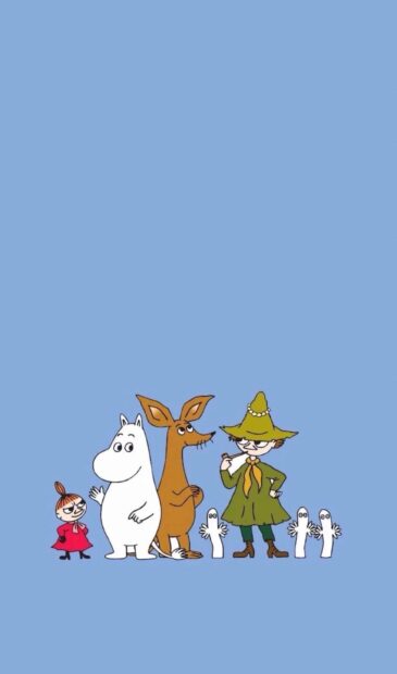 The Moomin characters stand together on a blue background, HD Mobile Wallpaper