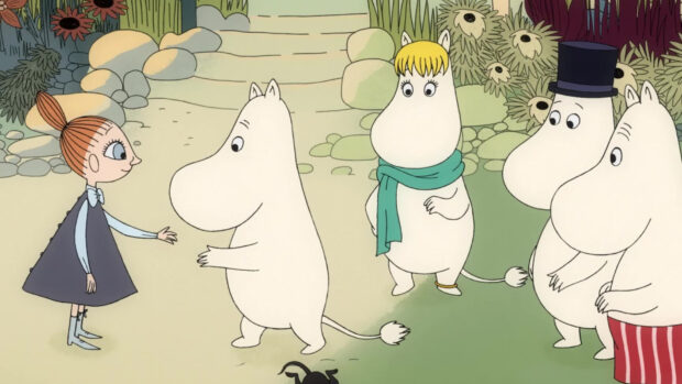 Moomin characters are greeting a girl in a garden scene, HD Desktop Wallpaper