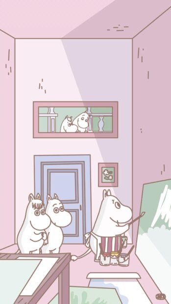 The Moomin characters are painting a picture inside a cozy room, HD Mobile Wallpaper