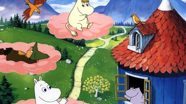 The Moomin characters are floating on pink clouds in a green countryside setting, HD Desktop Wallpaper