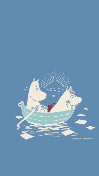 Moomin Wallpapers showing two characters in a boat with a sunburst pattern behind, HD Phone Wallpaper