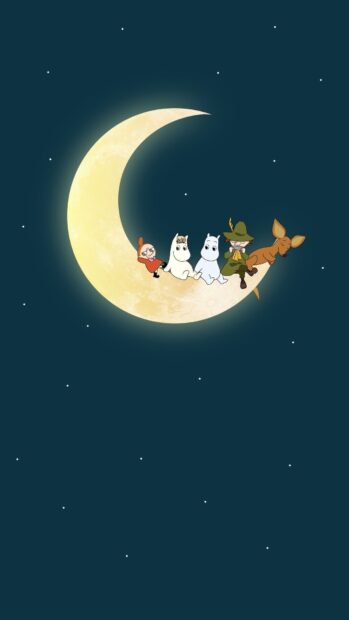The Moomin characters rest on a crescent moon surrounded by stars, HD Mobile Wallpaper