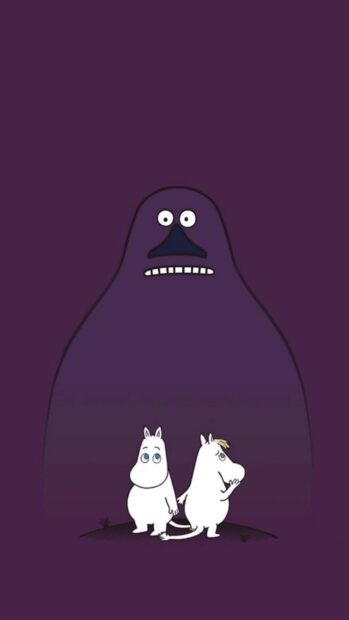 Two Moomin characters stand together with a large shadowy figure behind them, HD Mobile Wallpaper