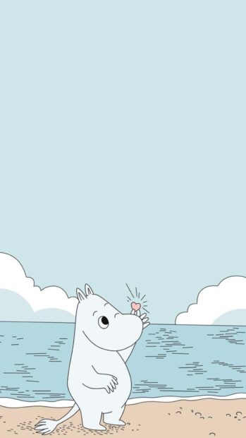 A Moomin character holds a glowing heart by the ocean shore on a clear day, HD Phone Wallpaper