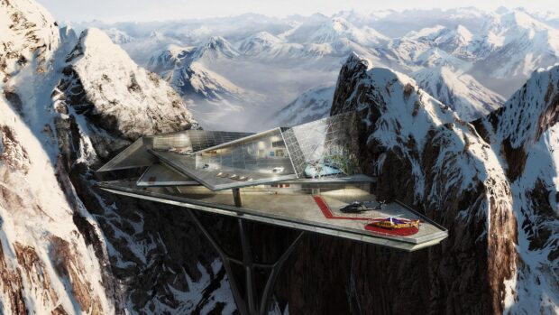 Modern structure on Mount Pilatus surrounded by snowy mountain peaks