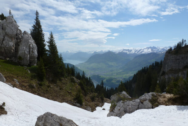 Snow patches and pine trees on Mount Pilatus with a clear view of the valley and distant mountains