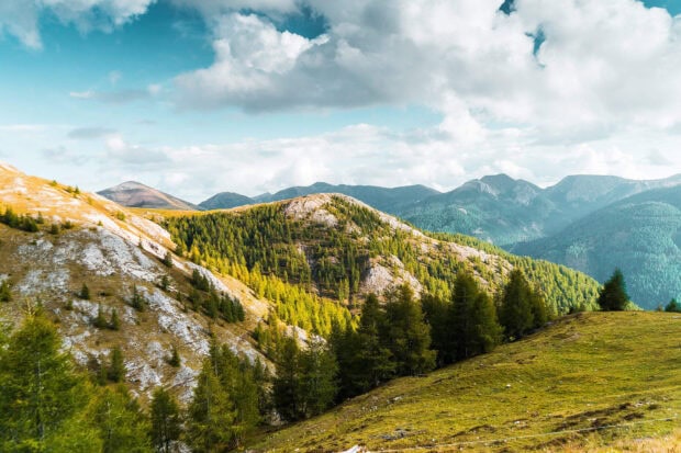 A scenic mountain landscape with dense forest and clear clouds, HD Desktop Wallpaper