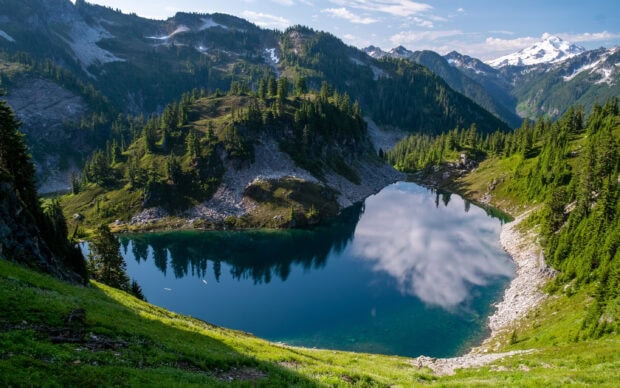 A mountain lake reflects a cloud and surrounding trees in Glacier National Park, 2K Desktop Wallpaper