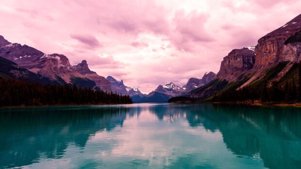 A calm mountain lake reflects the pink sky in this scenery Wallpapers, 4K Desktop Wallpaper