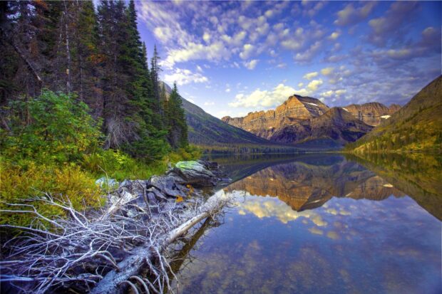 A clear lake reflects mountains and trees in Montana with blue sky, HD Desktop Wallpaper