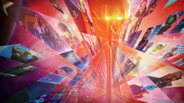 The What If Wallpapers shows multiple animated scenes from different realities with vibrant colors, 4K Desktop Wallpaper