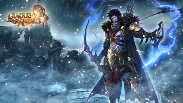 A warrior with glowing blue markings holding a bow stands in a snowy landscape in League Of Angels, HD Desktop Wallpaper
